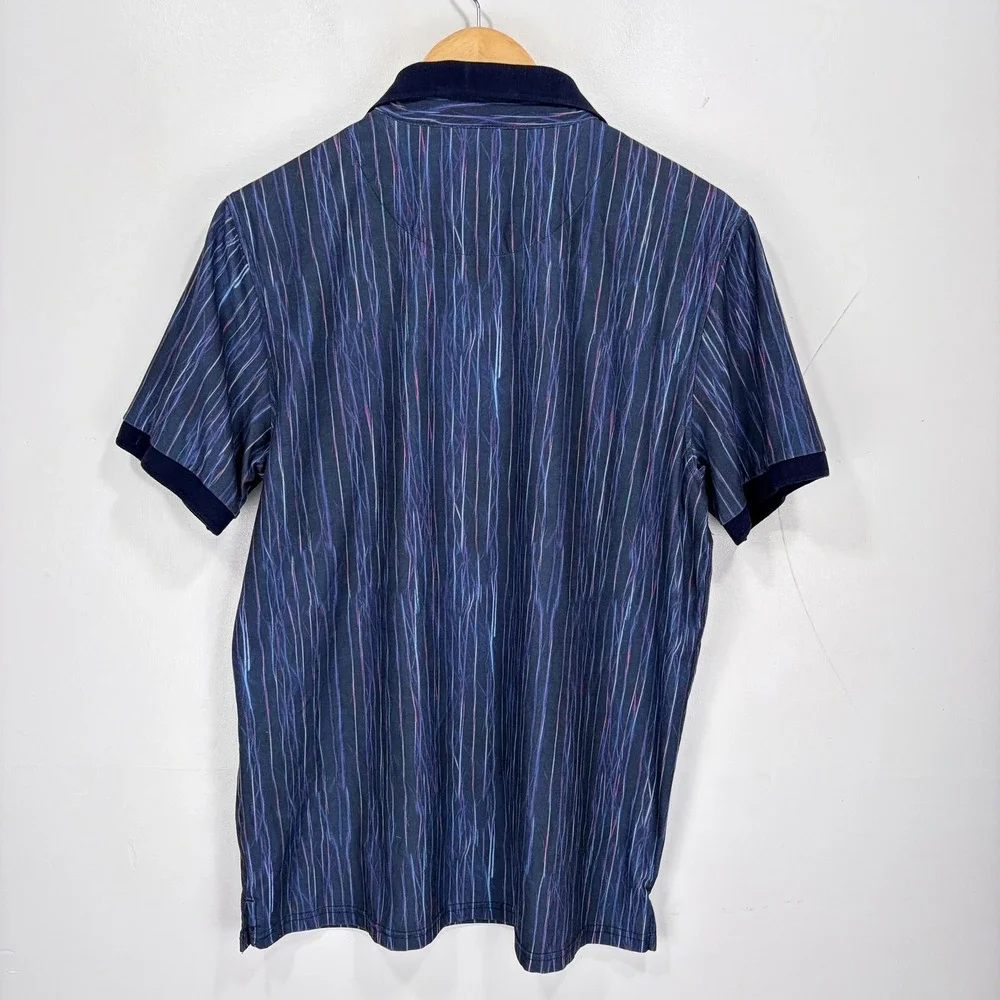 1 Like No Other Polo Shirt Men Medium Blue Striped Polyester Stretch Contrast